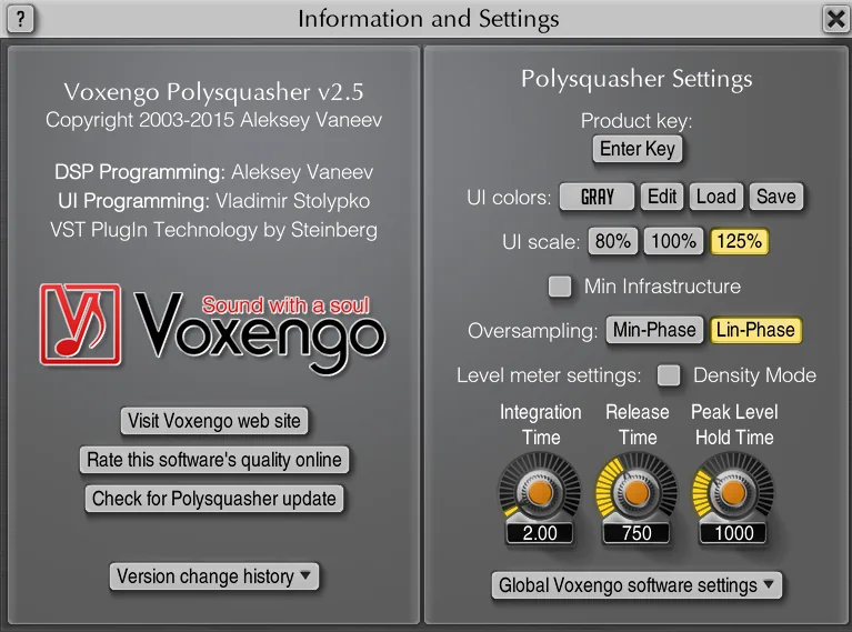 Voxengo Polysquasher 2 Registration and Options screen