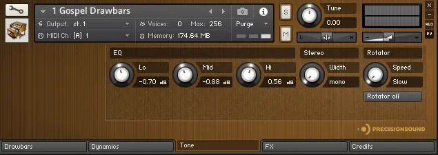 Gospel Drawbars Tone panel
