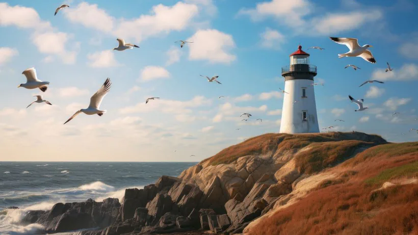 Picture of seagulls flying around a lighthouse