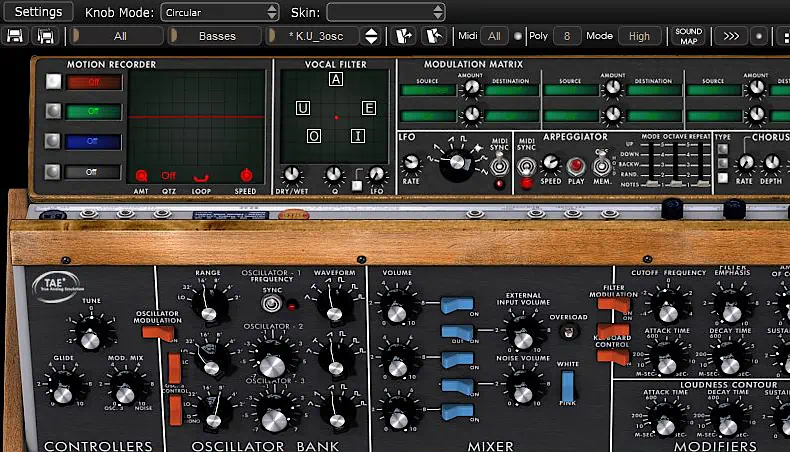 Arturia Mini V toolbar and matrix panel