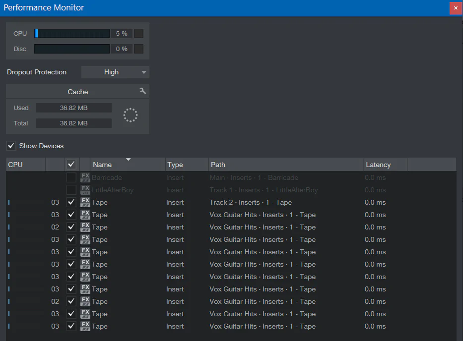 Studio One Performance monitor