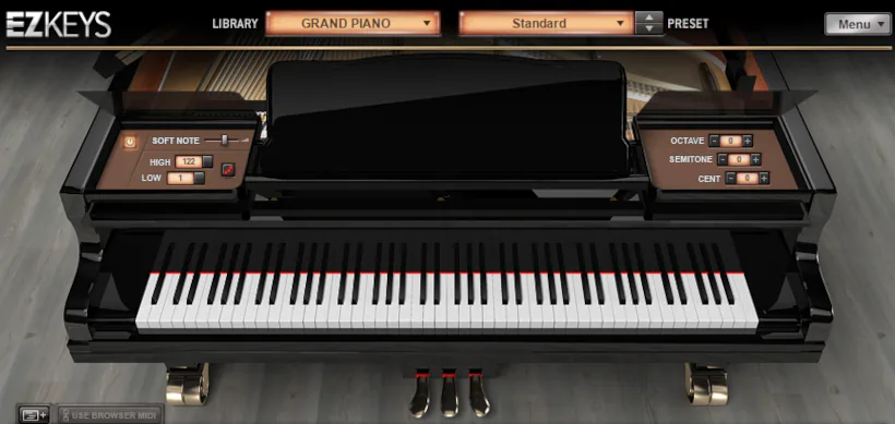 Toontrack EZkeys review - Grand piano with Dynamics and Tuning panels open