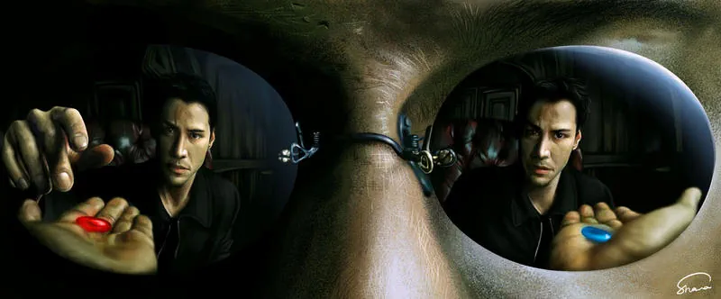 Morpheus offering Neo red pill and blue pill choice