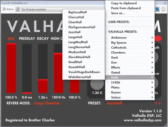 Valhalla Room Presets Menu
